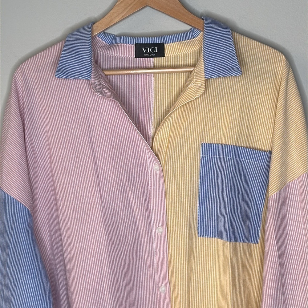 VICI Colorblock Striped Button Down Long Sleeve Shirt Women's Size XL - Picture 3 of 9
